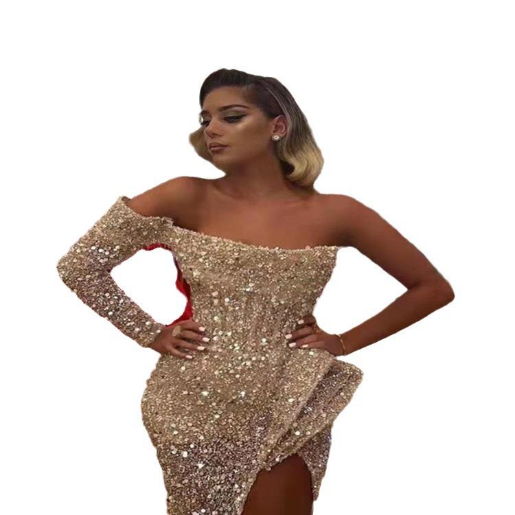 Весна и лето новая европейская и американская женская одежда сексуальное платье с открытыми плечами в одну лямку, до пола, с разрезами, банкетное, облегающее, вечернее