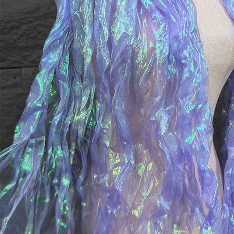Laser Cut Organza Fabric Gradient Color Mermaid Texture for Wedding Dress Costume DIY Sewing Craft Material Wrinkle Wave Design