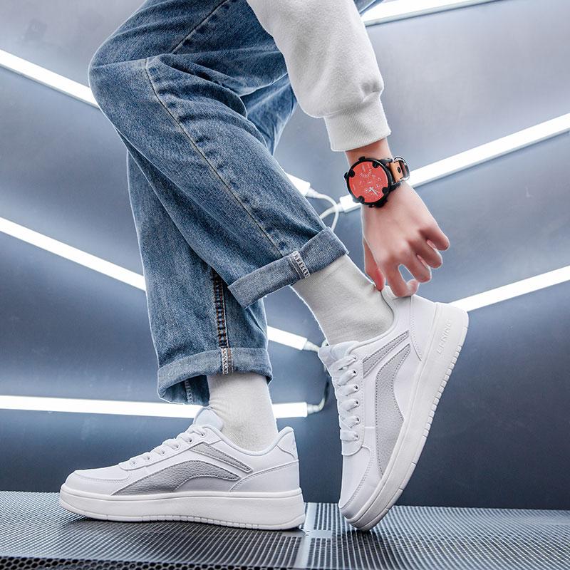 Li Ning Синтетическая кожа Нескользящие Износостойкие Низкие Скейтбордические кроссовки Мужские Белый Серый AGCP335-5
