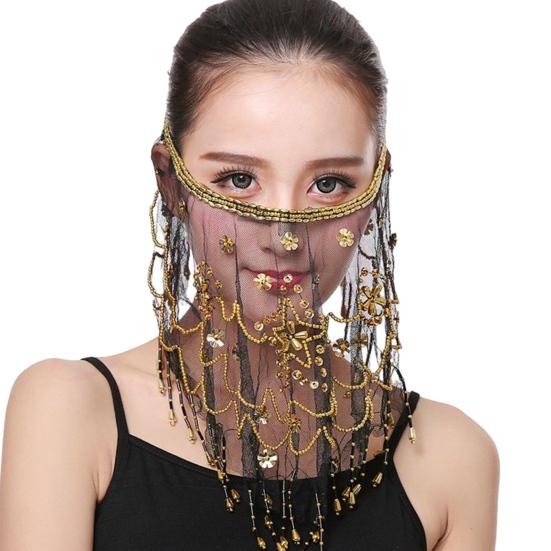 Performance Veil Flower Sequins Beads Decor See-through Lace Belly Dance Tribal Face Veil Breathable Fabric Adjustable Strap Indian Dance Veil