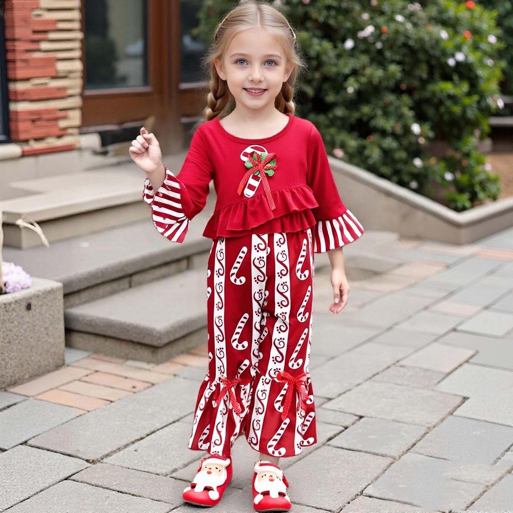 Christmas Kids Girls 2 Piece Outfit Spring Autumn Ruffle Flared Pants Fashion Set Striped Polka Dot For Baby Girl Holiday Valentine's Performance