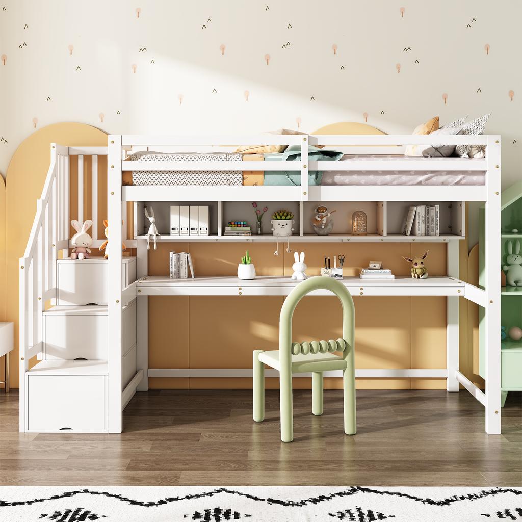 Children's Loft Bed with Storage Staircase 90*200cm, Solid Wood+MDF, Bunk Bed with Large Desk and Shelves, Environmentally Friendly Colors, White