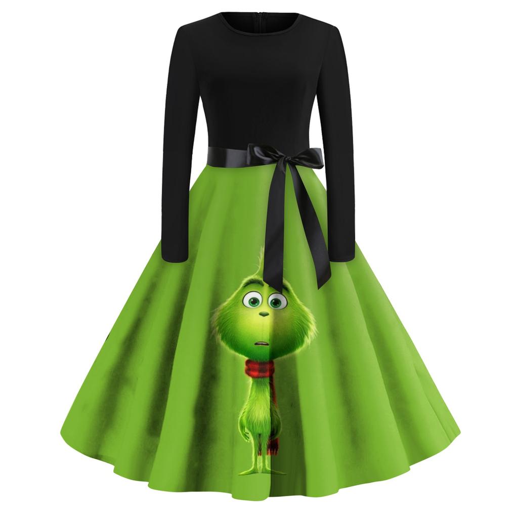 Женское модное повседневное платье с круглым вырезом и рождественским принтом и длинными рукавами