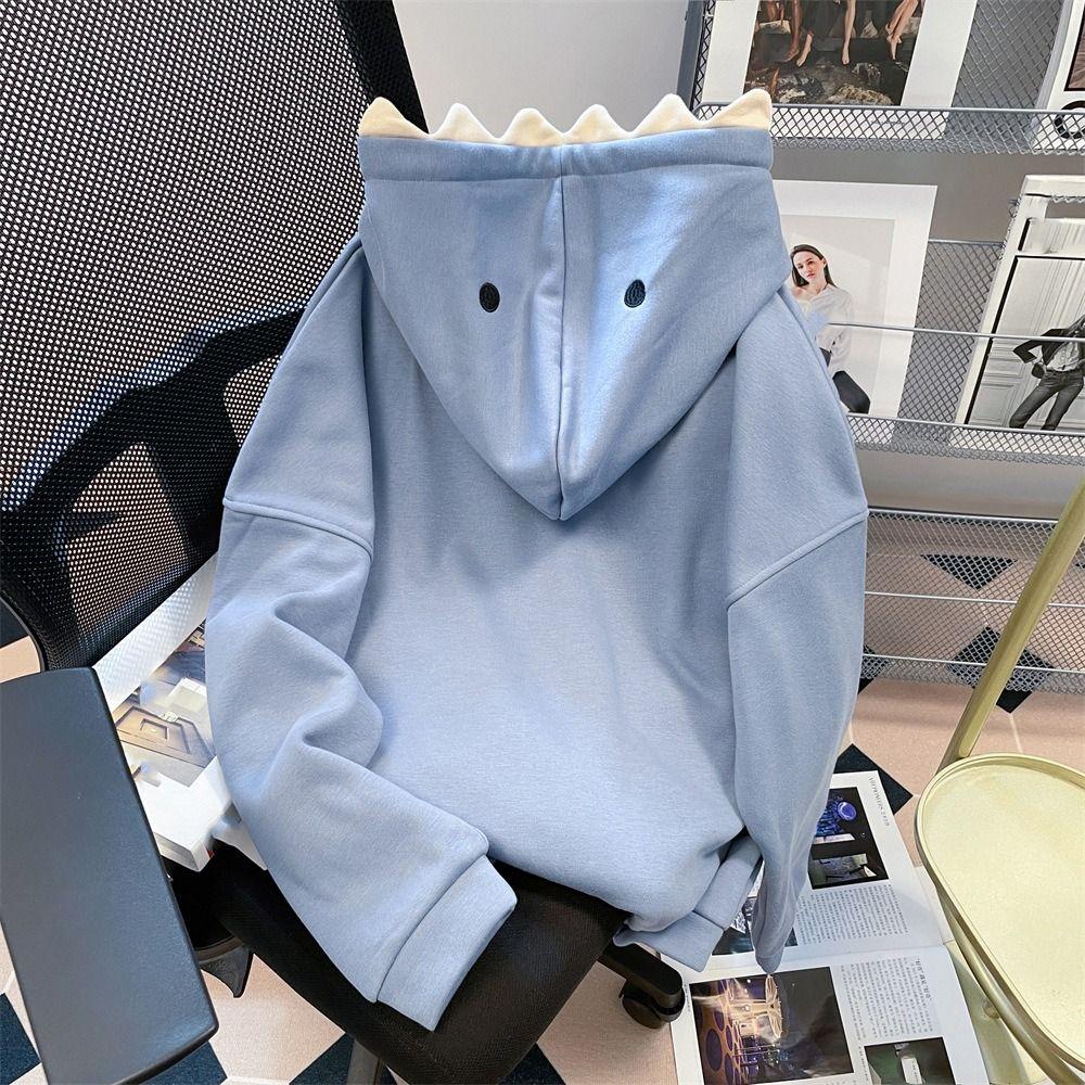 Pullover Hooded Sweatshirts Drawstring Shark Hat Sweater Fleece Shark Hoodies School Student
