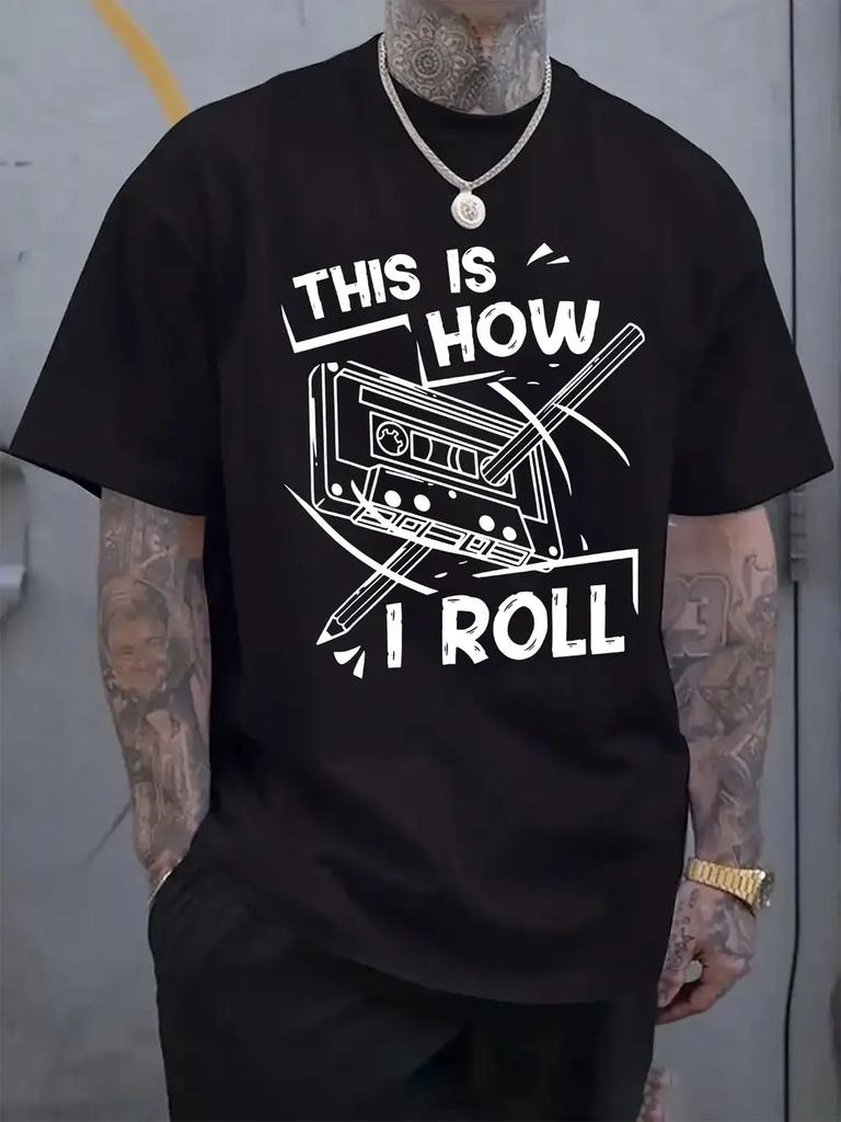 Retro Cassette Tape Graphic T-shirt with "This Is How I Roll" Slogan - Light Grey Regular Fit Short Sleeve Tee for Summer Casual Wear