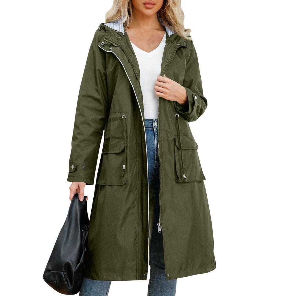 Women's Solid Colored Hooded Long Sleeved Trench Coat With Striped And Straight Tube Jacket