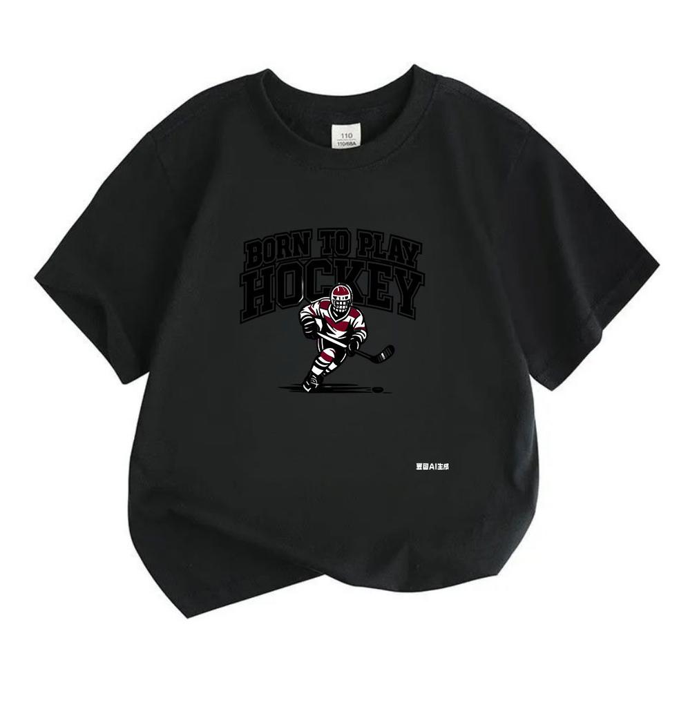 Kids Boys Girls 100% Cotton Crew Neck Short Sleeve T-Shirt, Born to Play Hockey Graphic Casual Tee for Ice Hockey Sport Loving Children, Soft Breathab