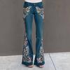 Yousheng Women Jeans Floral Embroidery Flared Leg Button Zipper Closure with Pockets Mid Waist Plus Size Long Trousers for Dating Daily Wear Commuting