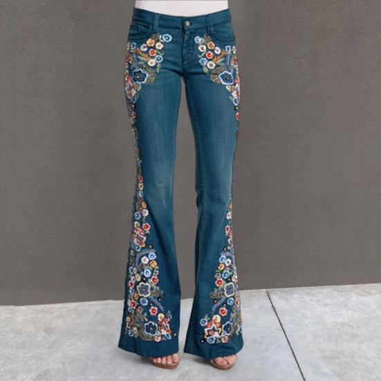 Yousheng Women Jeans Floral Embroidery Flared Leg Button Zipper Closure with Pockets Mid Waist Plus Size Long Trousers for Dating Daily Wear Commuting