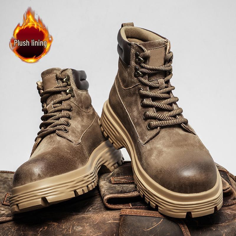 Мужские осенне-зимние ботинки хай-топ из натуральной кожи, плюшевые уличные рабочие ботинки желтого цвета в британском стиле