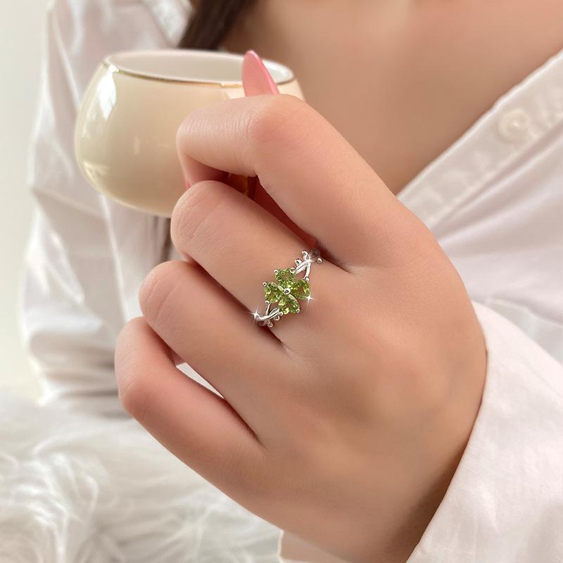 S925 Silver Ring Feminine Natural Topaz Crystal Stone Bramble Clover Adjustable Ring