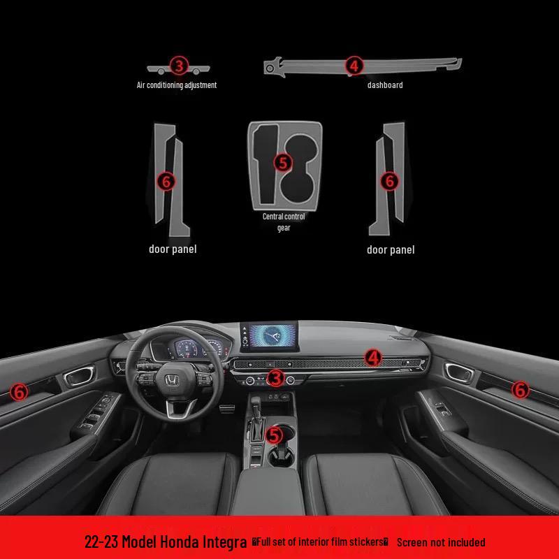 Новая защитная пленка для интерьера Honda Integra: Экран HD на центральной консоли и декоративные элементы рычага переключения передач.