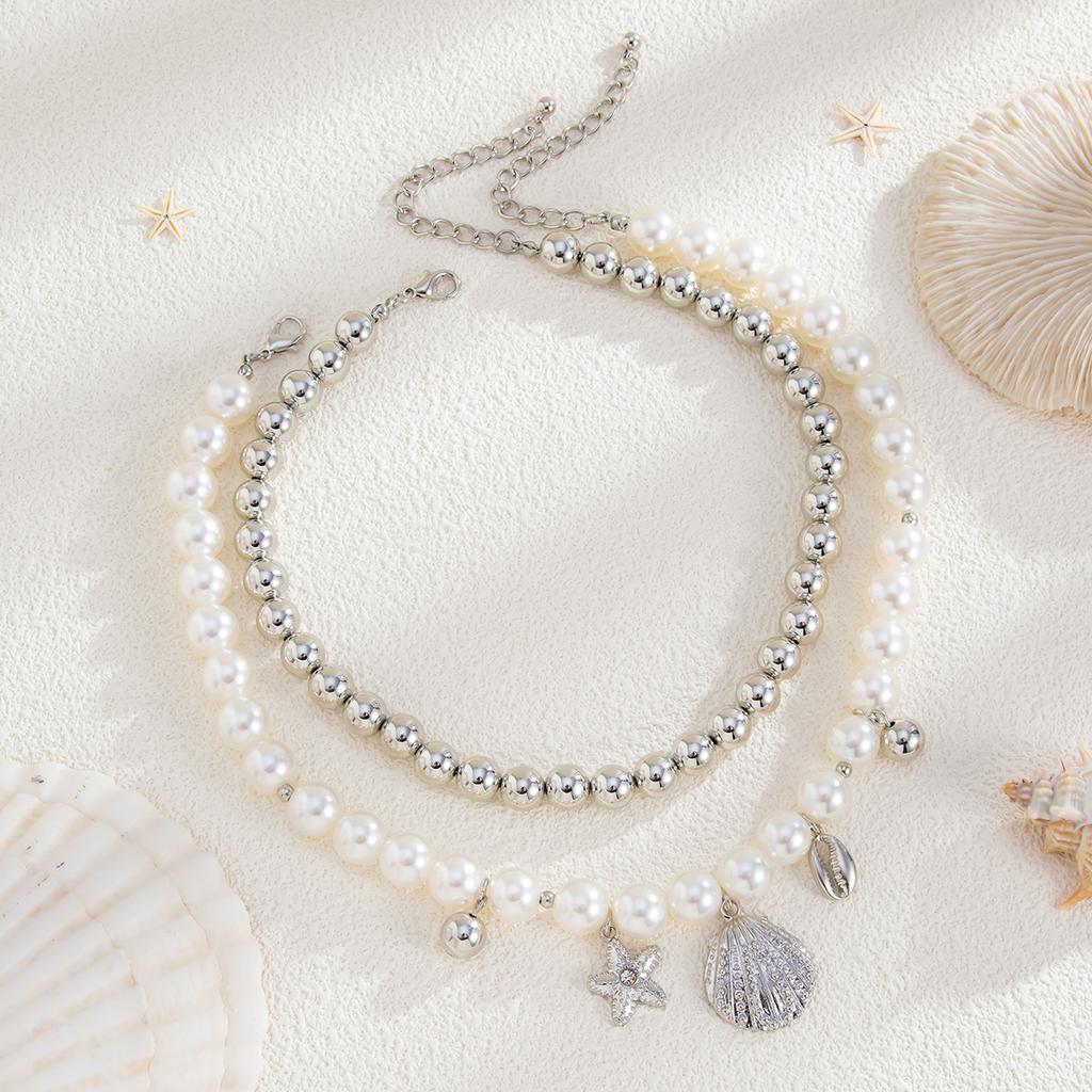 Imitation Pearls CCB Beaded Chokers Necklace Women Summer Beach Boho Starfish Conch Pendant Jewelry Accessories