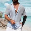Summer Men Shirt Knitted Hollow Elastic Solid Color Turn-down Collar Vintage Short Sleeves Single-breasted Cardigan Vacation Beach Top