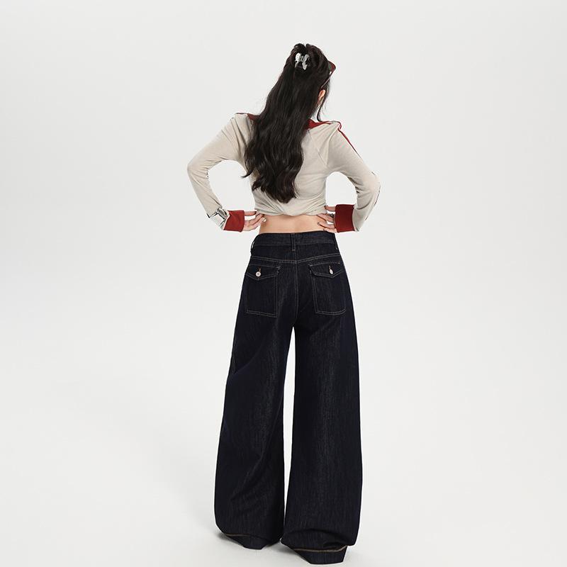 Dark blue American wide-leg jeans women's autumn new wide high-waisted and thin design versatile floor pants