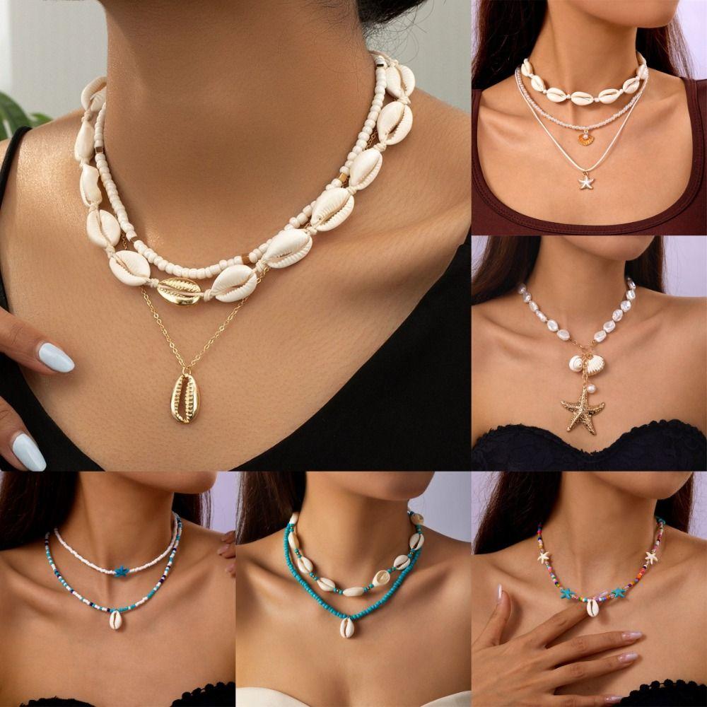 Цепочка для ключицы Starfish, двухслойная, винтажная, с ракушками, для свитера, для женщин