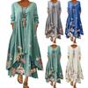 Spring Fall Dress with Pockets Vintage Flower Printing Irregular Layerd Hem Loose A-line Maxi Dress for Daily Work Party