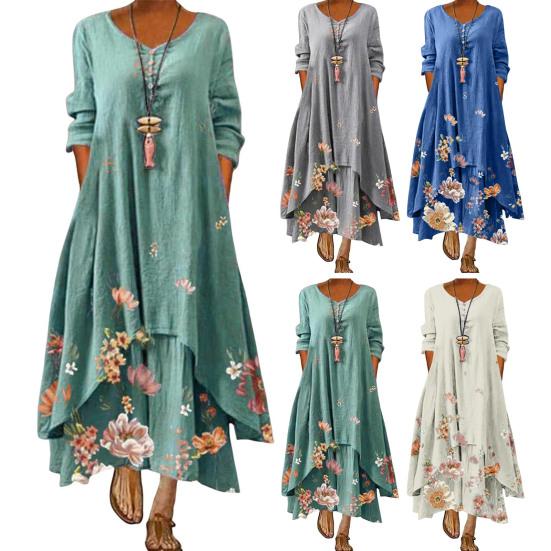 Spring Fall Dress with Pockets Vintage Flower Printing Irregular Layerd Hem Loose A-line Maxi Dress for Daily Work Party