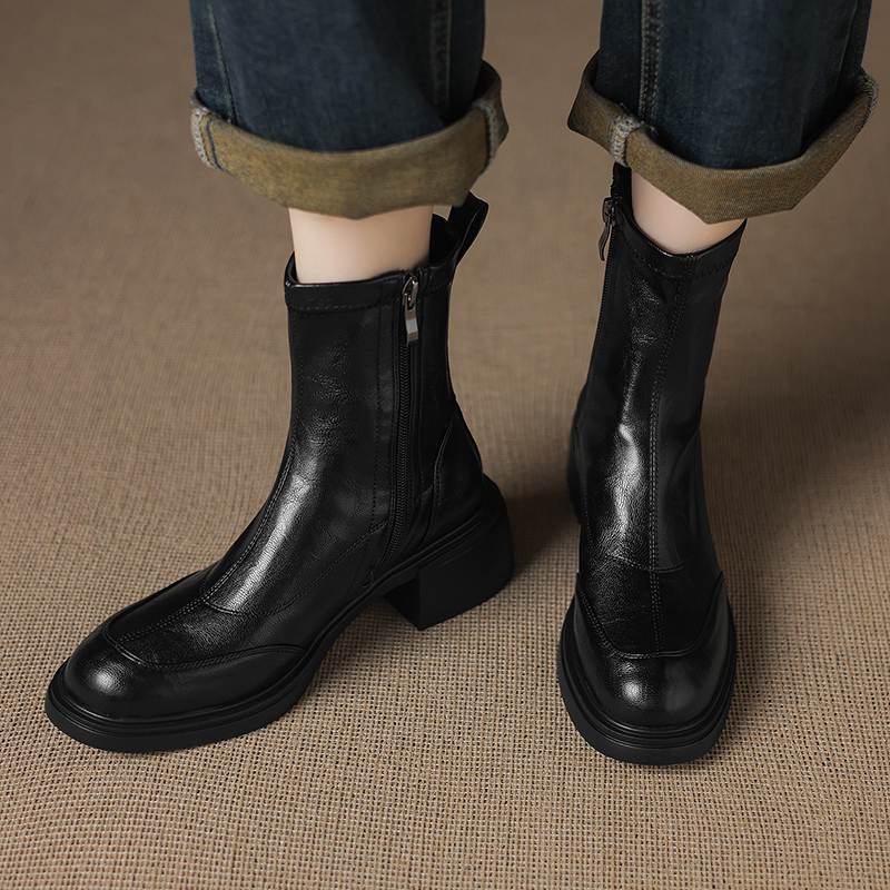 Krazing Pot Microfiber Round Toe Chunky Heels Motorcycle Boots Size 42 Zip Women Platform Ankle Boots