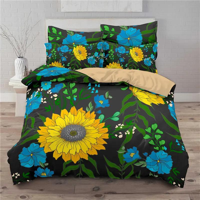 Sunflower Bedding Set Modern Microfiber Yellow Flowers Print Duvet Cover Alluring Sunflowers Summer Inspired Design Quilt Cover