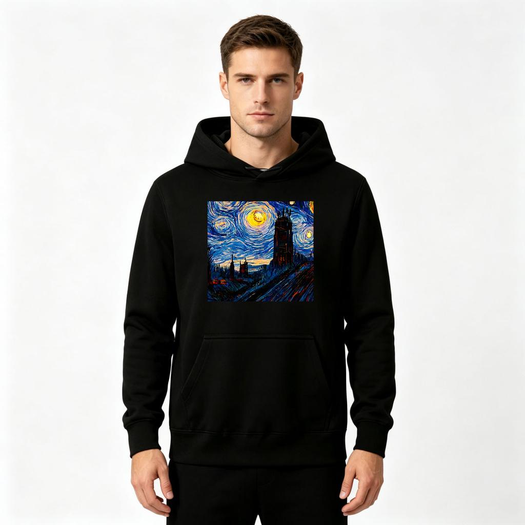 Men's Casual Hoodie Van Gogh Starry Night Tower Printed Long Sleeve Pullover Sweatshirt