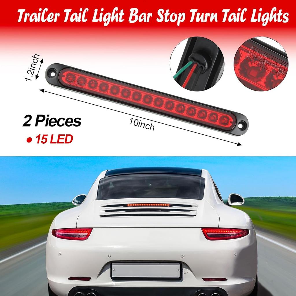 Frienda 2 Pieces 10 Inch 15 LED Trailer Tail Light Bar Stop Turn Tail Lights Assembly Third Brake Strip 9 To 30-Volt Trailer Identification For