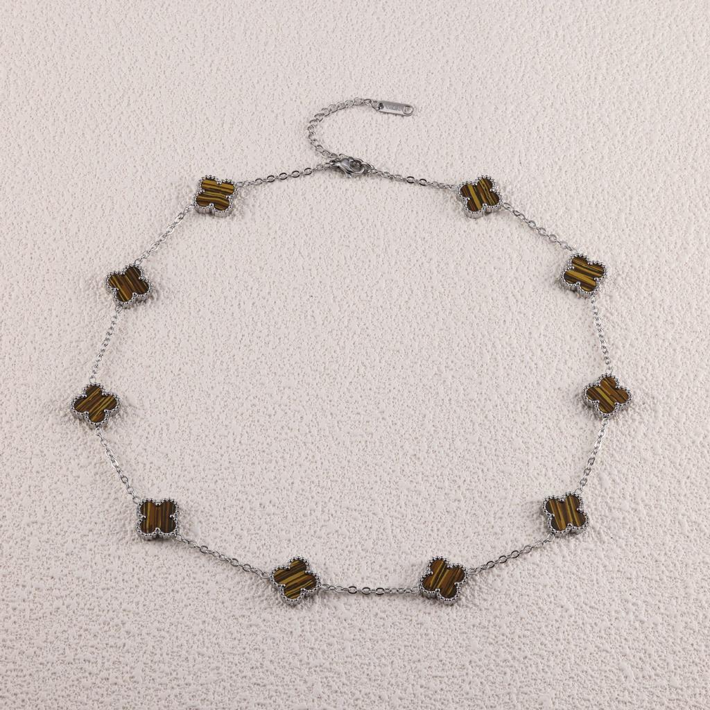 Ожерелье-цепочка на ключицу «Четырехлистный клевер» и «Десятицветник» стального цвета, модное и не выцветающее ожерелье для женщин