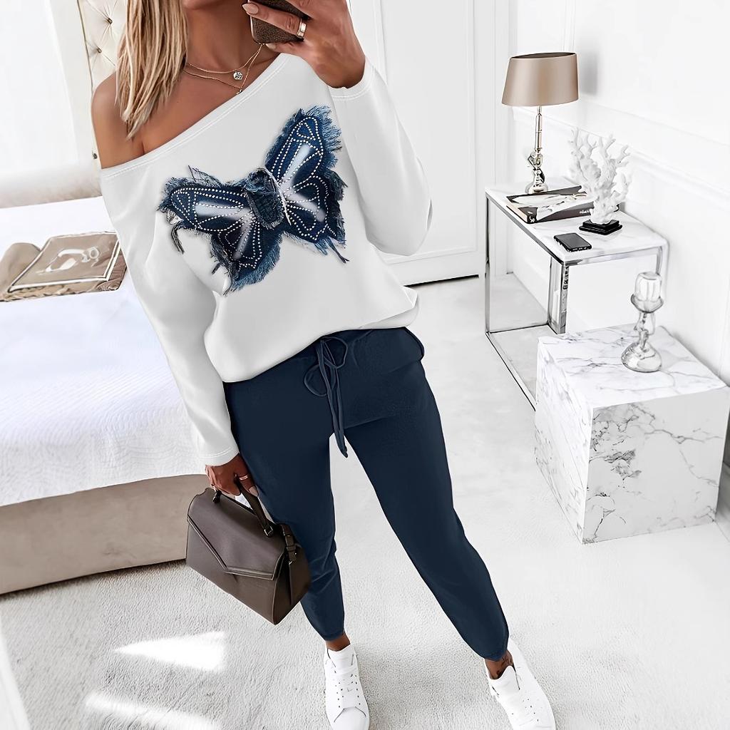 Женские комплекты с декоративной аппликацией в виде бабочки, длинными рукавами, косыми плечами, однотонные брюки на завязках, комплект из двух предметов