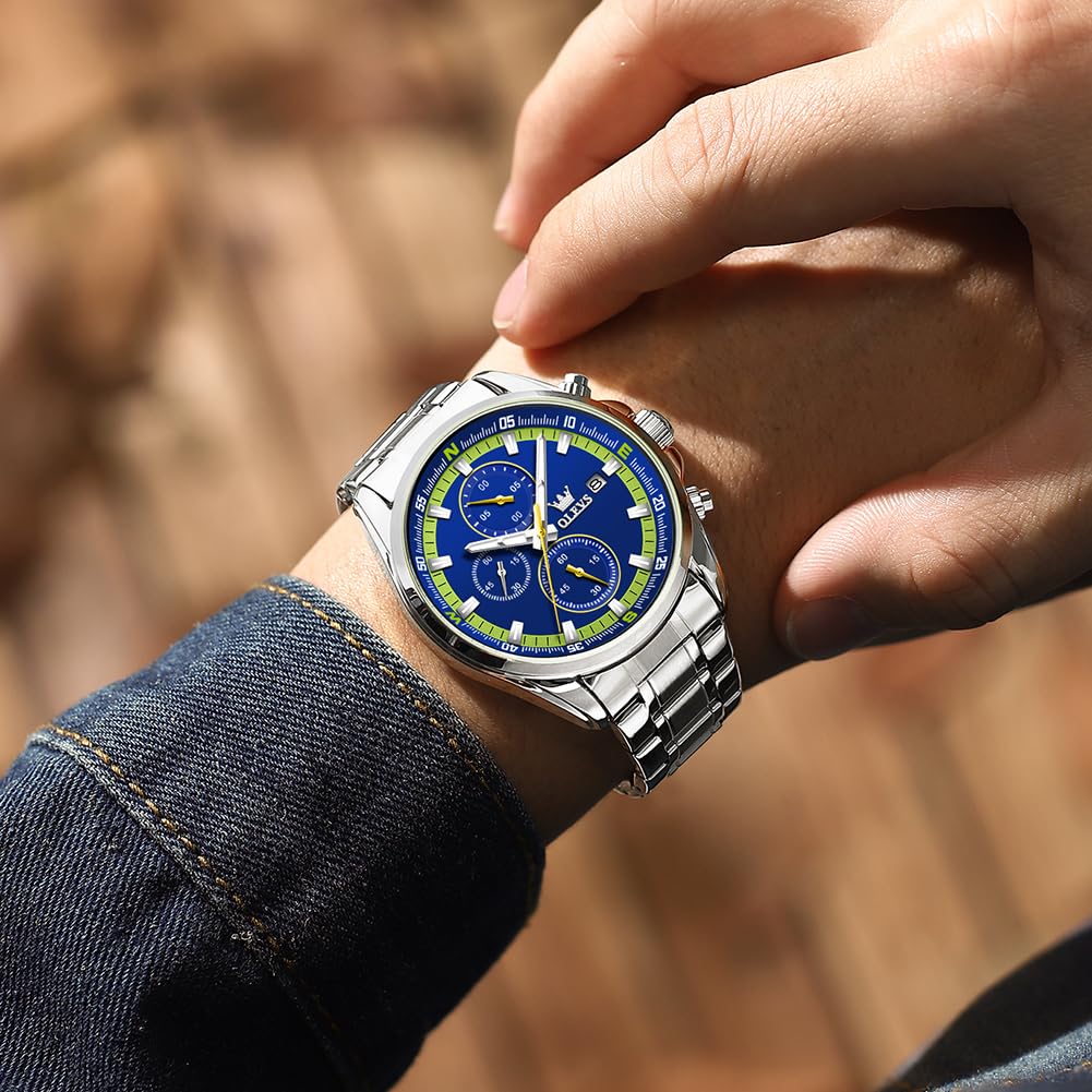 OLEVS кварцевые популярные часы стильные многофункциональные часы из нержавеющей стали водонепроницаемые часы с датой аналоговые модные студенческие часы для мужчин синие мужские