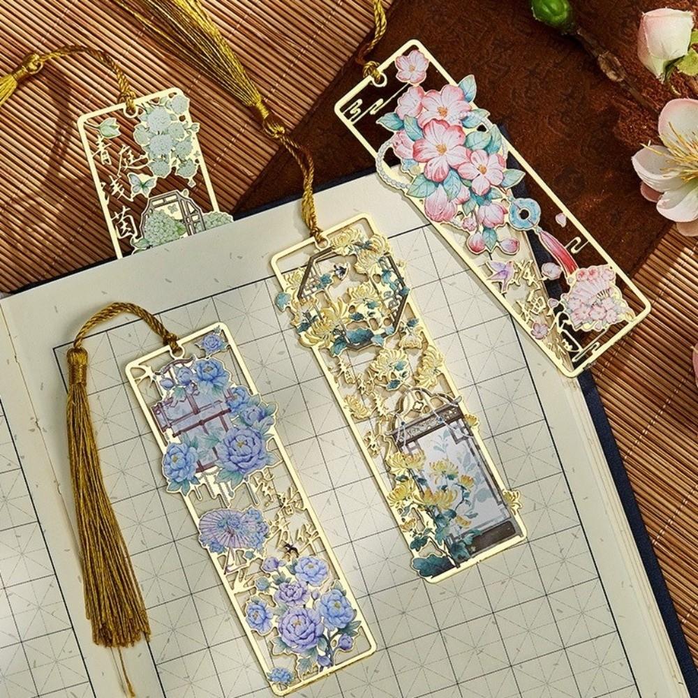Metal Hollow Metal Bookmark With Tassel Bronzing Hollow Bookmark Floral Painting Creative Practical Floral Bookmark
