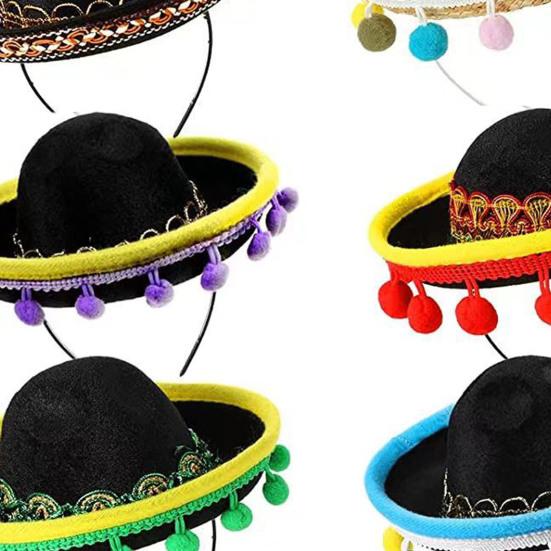 6 шт., повязка на голову сомбреро на Хэллоуин, мексиканские вечерние шапки с плюшевыми помпонами, праздничные фиесты, реквизит для косплея