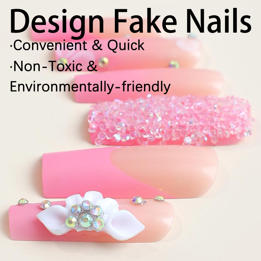 24pcs/set Wearable Extended Pipe Nail Patch French Pink Crushed Diamonds Wearable Nail Nail Stickers