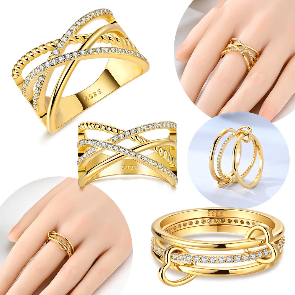 Gold Star Moon Intertwined Ring Woman Accessory Lovely Exquisite Ring 925 Silver Jewelry Set Valentine Day Wedding Gift