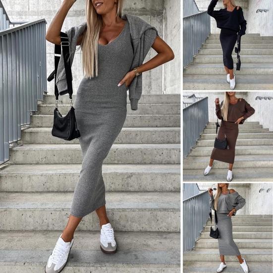 Solid Color Casual Outfit V-neck Sleeveless Bodycon Vest Dress Hooded Long Sleeve Pullover Sweatshirt Set