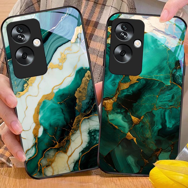 Зеленый мрамор для Oppo A79 5G 58 78 74 60 4G Reno 11F Realme GT 6 11 Note 50 10 C55 X2 Закаленное стекло Черный чехол для телефона