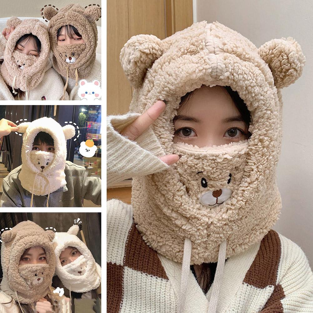 1pc Winter Cute Bear One Piece Scarf Hat For Women's Warm Plush Wind Earmuffs Bear Fabric Cycli X4G5