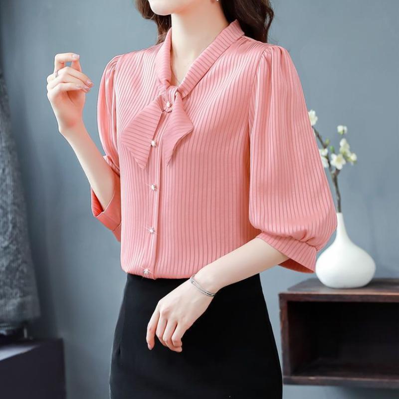 Summer Women's Seven Quarter Sleeved Mom's V-neck Loose Slimming Top Chiffon Shirt