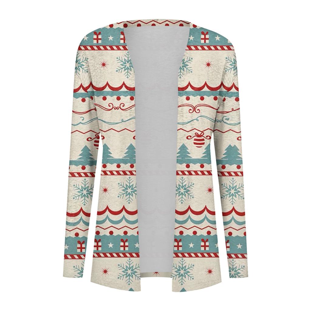 Women's Fashion Casual Christmas Print Medium Length Cardigan Jacket Coat