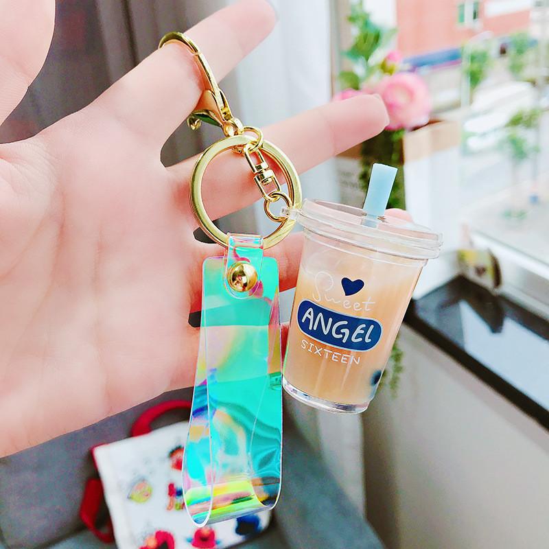 Cute Mini Pearl Milk Tea Keychain Adorable Acrylic Cartoon Style Keyring Accessory