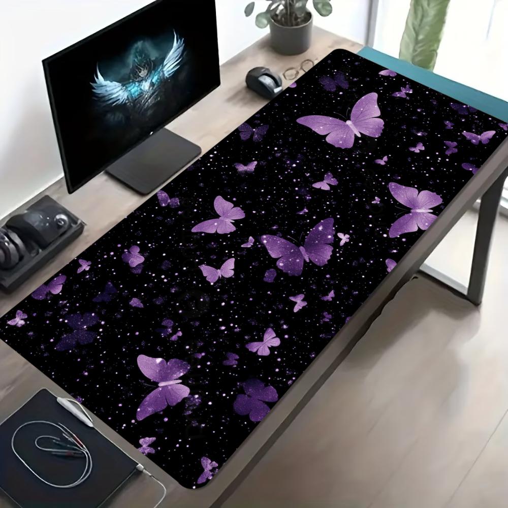 Pink Butterfly Starry Aesthetic Large Gaming Desk Mat Non Slip Rubber Stitched Edge Keyboard Mouse Pad ESport Office Daily Use