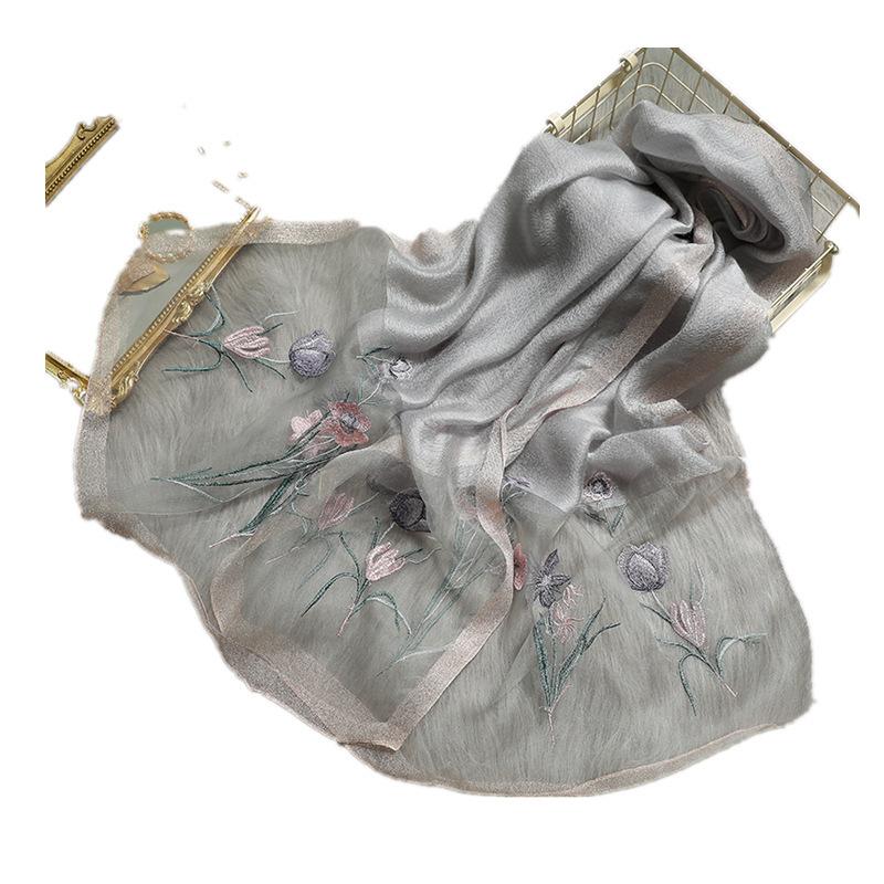 Новый шелковый шерстяной шарф женский с вышивкой весна и лето однотонный длинный шарф пашмина женский платок для волос хиджаб бандана