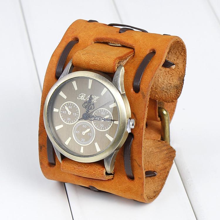 Мужские ретро кварцевые часы с широким ремешком из натуральной кожи