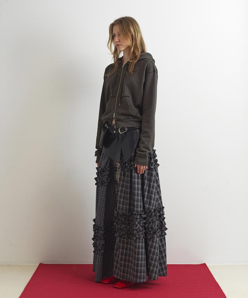 Aobteu Unbalance Frill Maxi Skirt - Check
