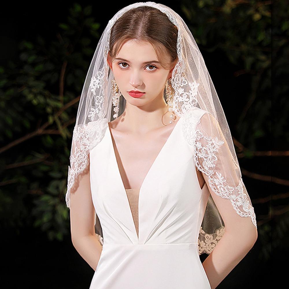 Head Covering White Bridal Veil Lace Bridal Tulle Veil Retro European Wedding Veil Wedding Photos