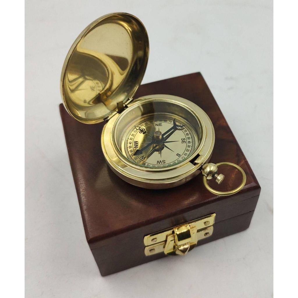 India Brass Mini Push Button Compass Pocket Wood Box Nautical Gift Compass (Gold)