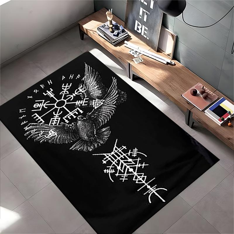Spiritual Area Rug, Viking Raven Vegvisir Rune White Black Poster, Living Room Decor, Non-Slip Mat