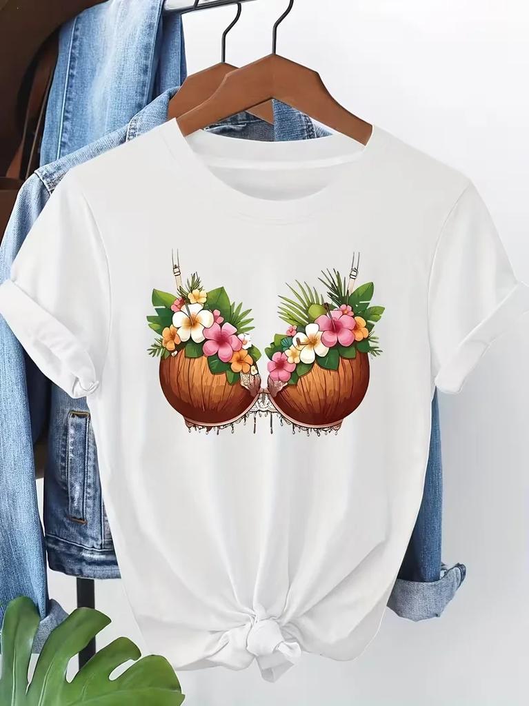 Tropical Style Theme Rounisextic Vacation Vibe Creative Pattern Print Featuring Coconuts And Flowers Unisexs Kids Tshirt Summer