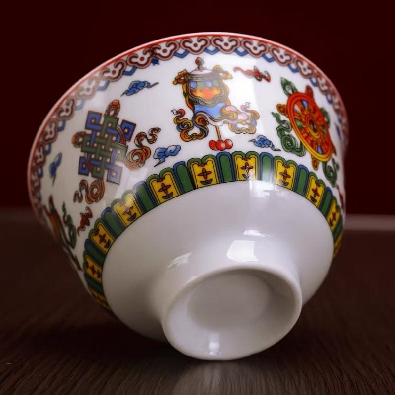 Серебряная буддийская высокая чаша из сплава, тантрическая чаша для святой воды, выгравированная восьмерка благоприятных символов из фарфора, тибетская настольная декоративная чаша