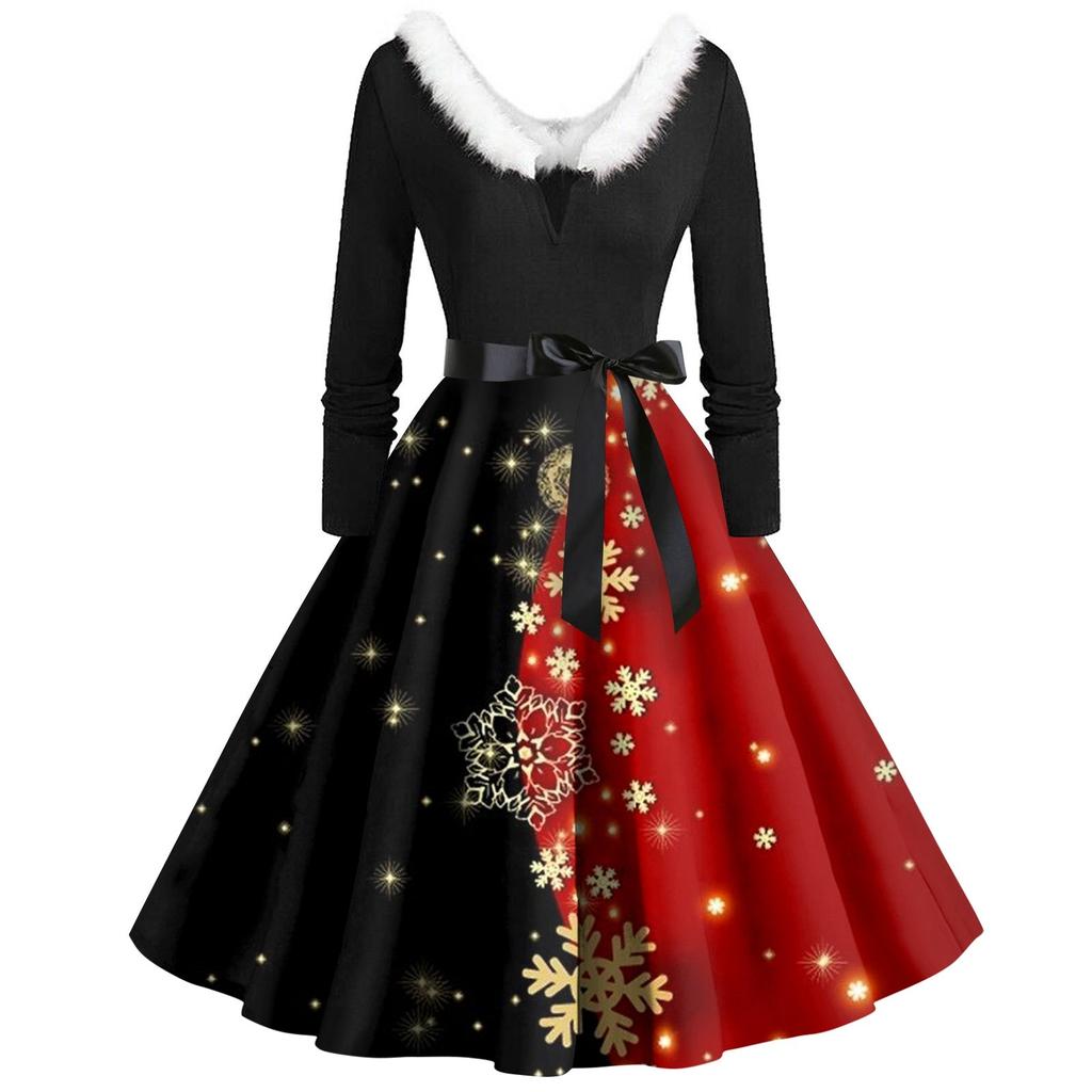 Женское винтажное платье с длинным рукавом и рождественским принтом в стиле 1950-х годов для вечеринки, выпускного вечера, для домохозяйки