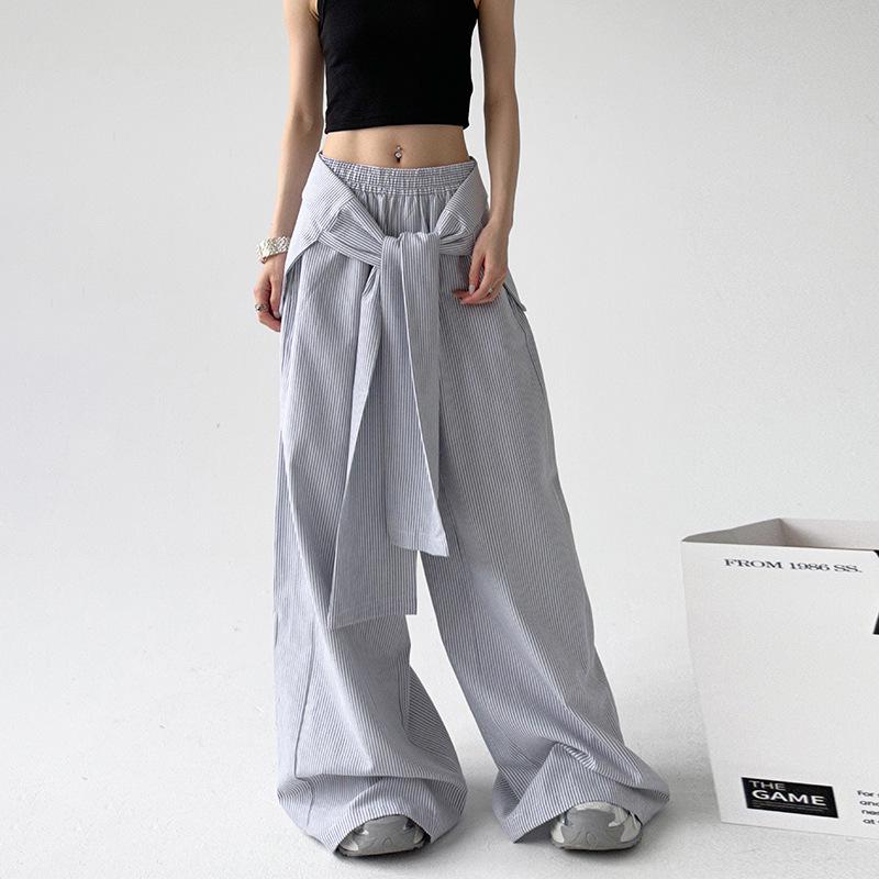 Модные синие полосатые брюки с высокой посадкой и широкими штанинами, со шнуровкой на талии, идеально подходят для весны и осени, доступны сейчас